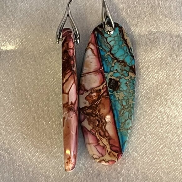 Natural Pink & Blue Imperial Jasper Teardrop Earrings - Picture 3 of 5